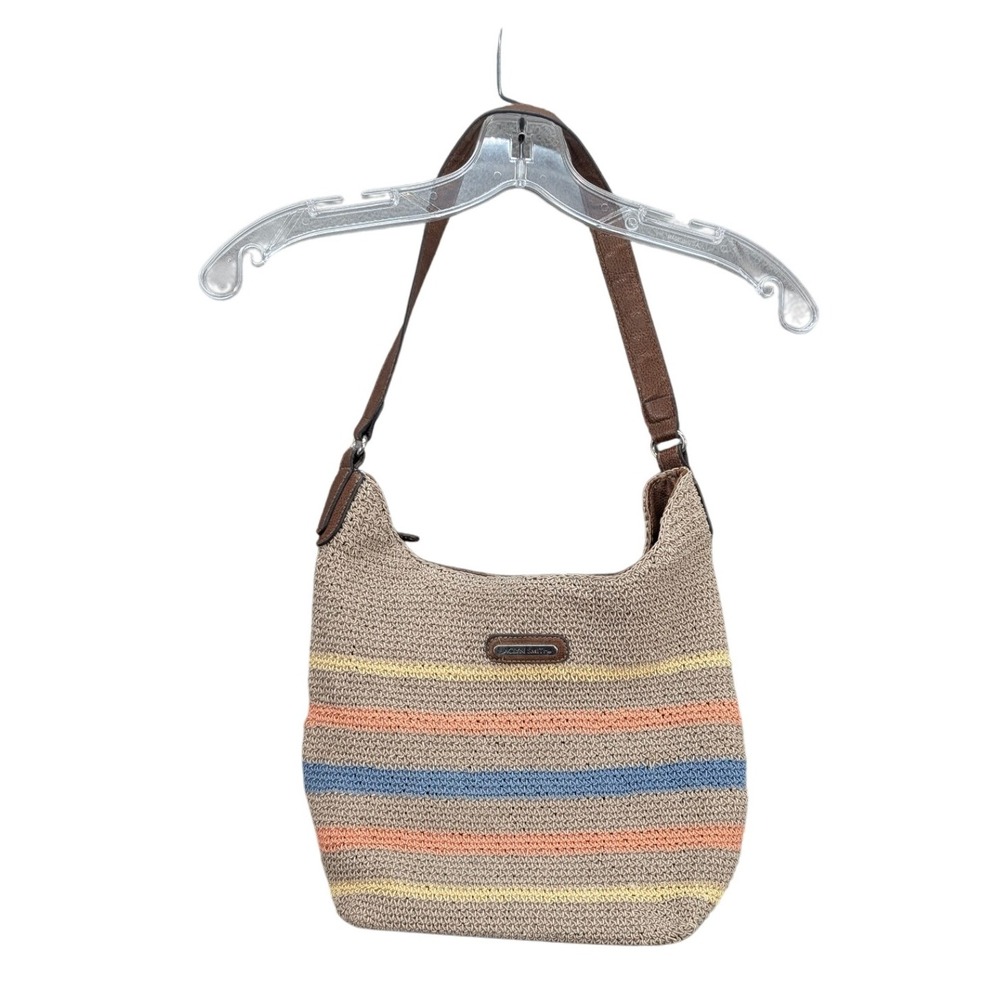 Vtg Jaclyn Smith‎ Crochet Knit Shoulder Bag Striped Hobo Purse Tan Multi 13x12
